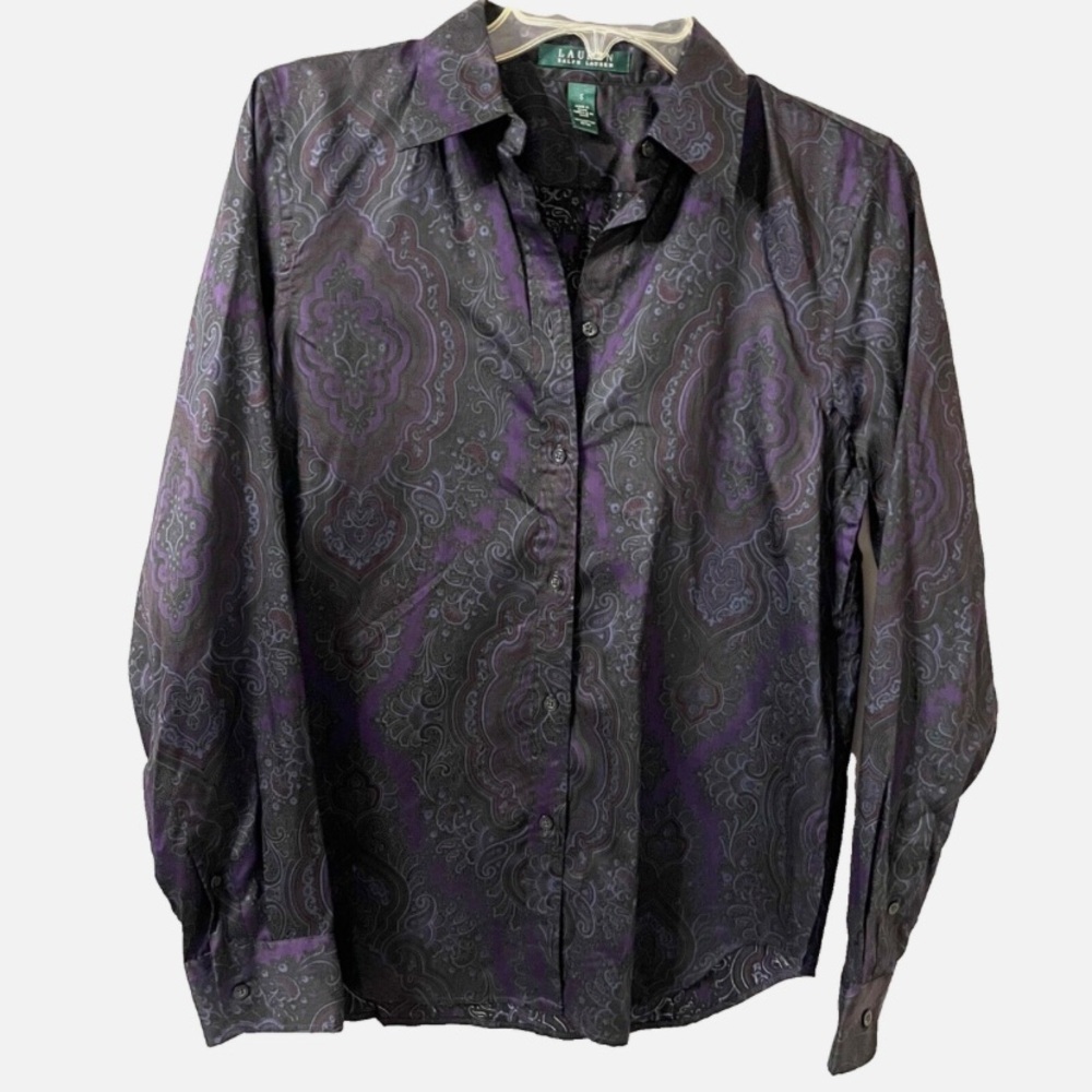 Lauren Ralph Lauren Paisley Button Front Shirt Sz S Purple Black Long Sleeve